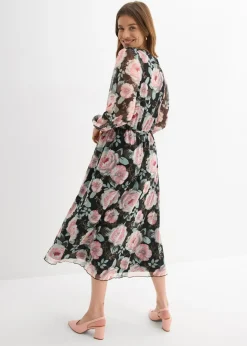 bonprix bonprix Vestido midi de malla suave Negro de flores New