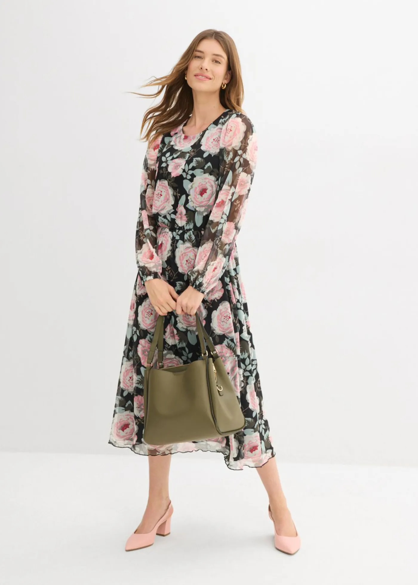 bonprix bonprix Vestido midi de malla suave Negro de flores New