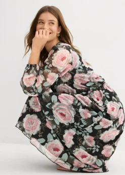 bonprix bonprix Vestido midi de malla suave Negro de flores New