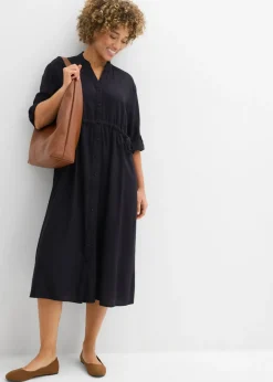 bonprix bonprix Vestido midi de mezcla de lino Negro Clearance