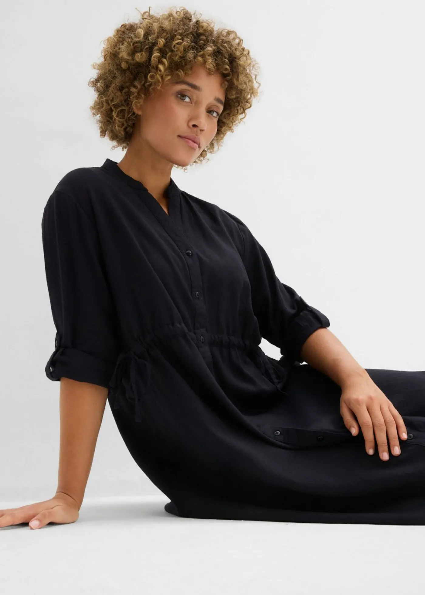bonprix bonprix Vestido midi de mezcla de lino Negro Clearance