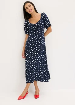 bonprix bonprix Vestido midi de mezcla de viscosa Azul marino-blanco de lunares New