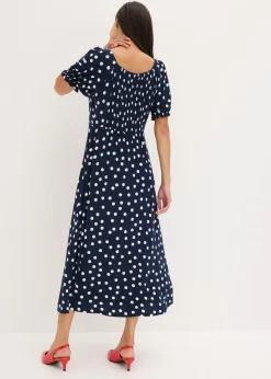 bonprix bonprix Vestido midi de mezcla de viscosa Azul marino-blanco de lunares New