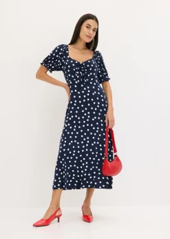 bonprix bonprix Vestido midi de mezcla de viscosa Azul marino-blanco de lunares New