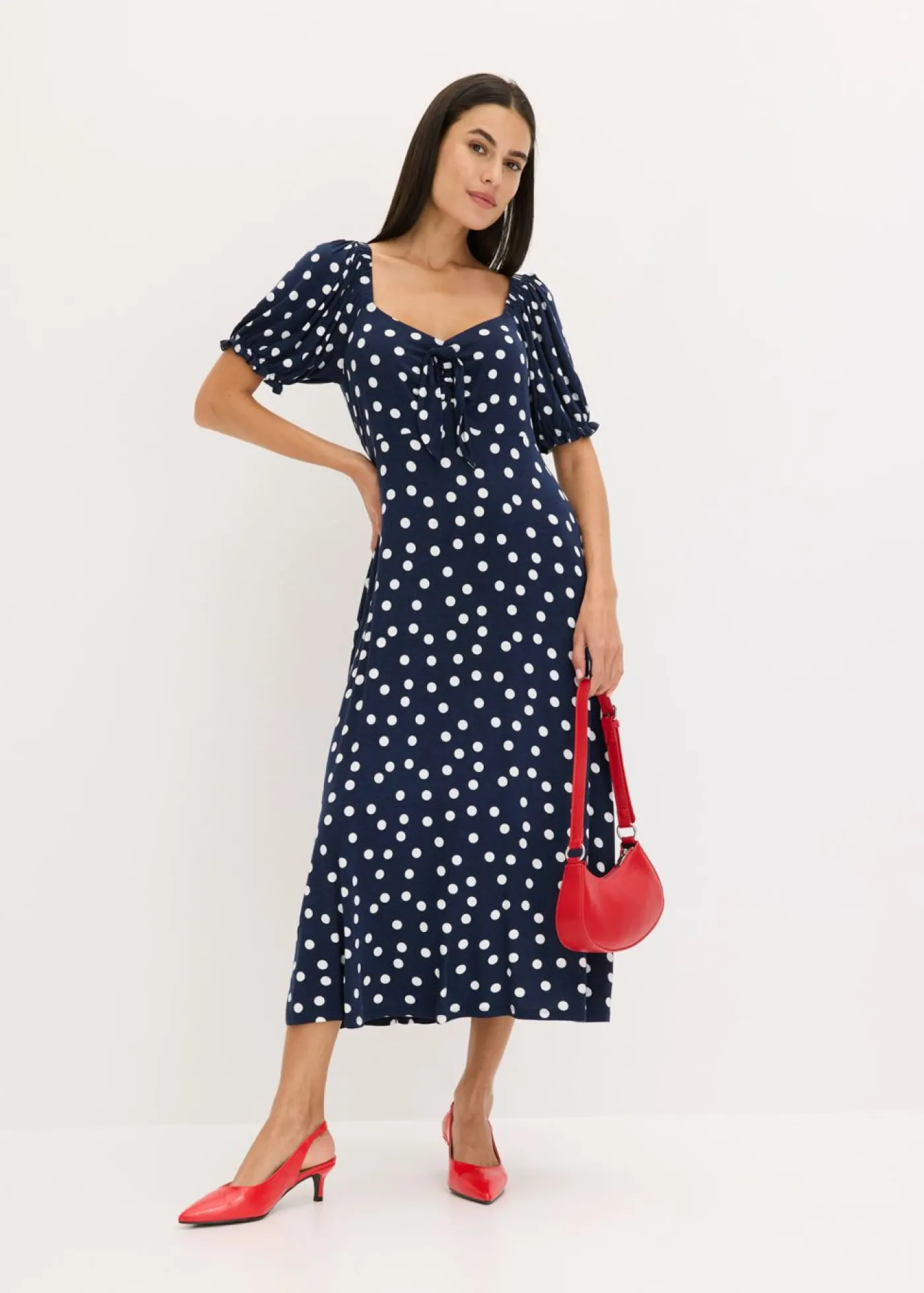 bonprix bonprix Vestido midi de mezcla de viscosa Azul marino-blanco de lunares New