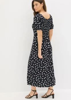 bonprix bonprix Vestido midi de mezcla de viscosa Negro-blanco de lunares Online