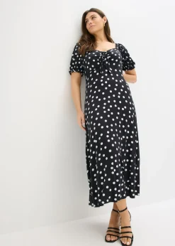 bonprix bonprix Vestido midi de mezcla de viscosa Negro-blanco de lunares Online