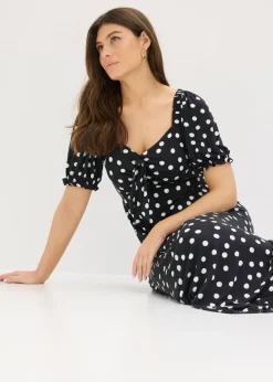 bonprix bonprix Vestido midi de mezcla de viscosa Negro-blanco de lunares Online
