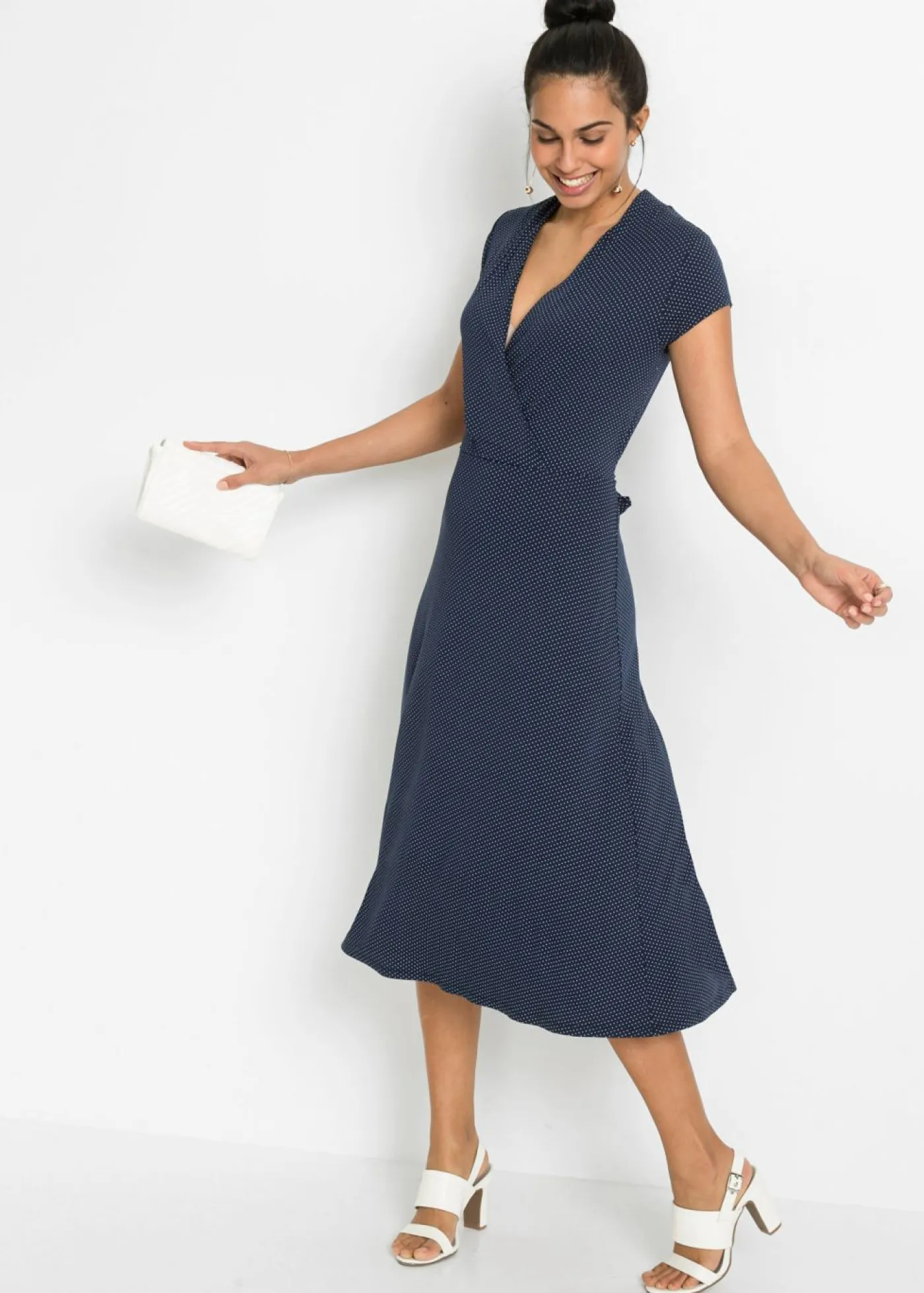 bonprix bonprix Vestido midi de mezcla de viscosa Rojo atardecer/blanco de lunares