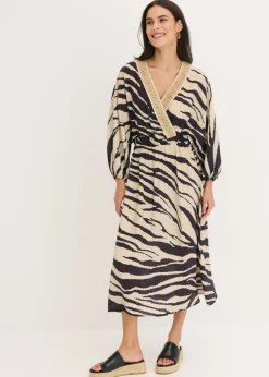 bonprix bonprix Vestido midi de mezcla de viscosa fluida estampado cebra negro-blanco lana