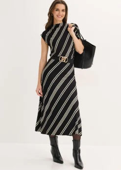 bonprix bonprix Vestido midi de mezcla de viscosa suave Negro-blanco con rayas New