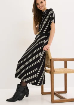 bonprix bonprix Vestido midi de mezcla de viscosa suave Negro-blanco con rayas New