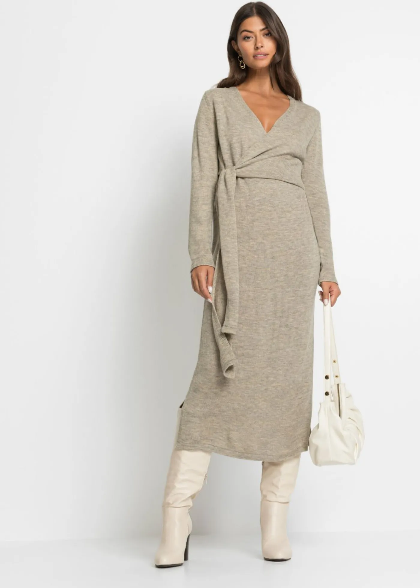bonprix bonprix Vestido midi de punto Beige jaspeado New