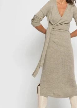 bonprix bonprix Vestido midi de punto Beige jaspeado New