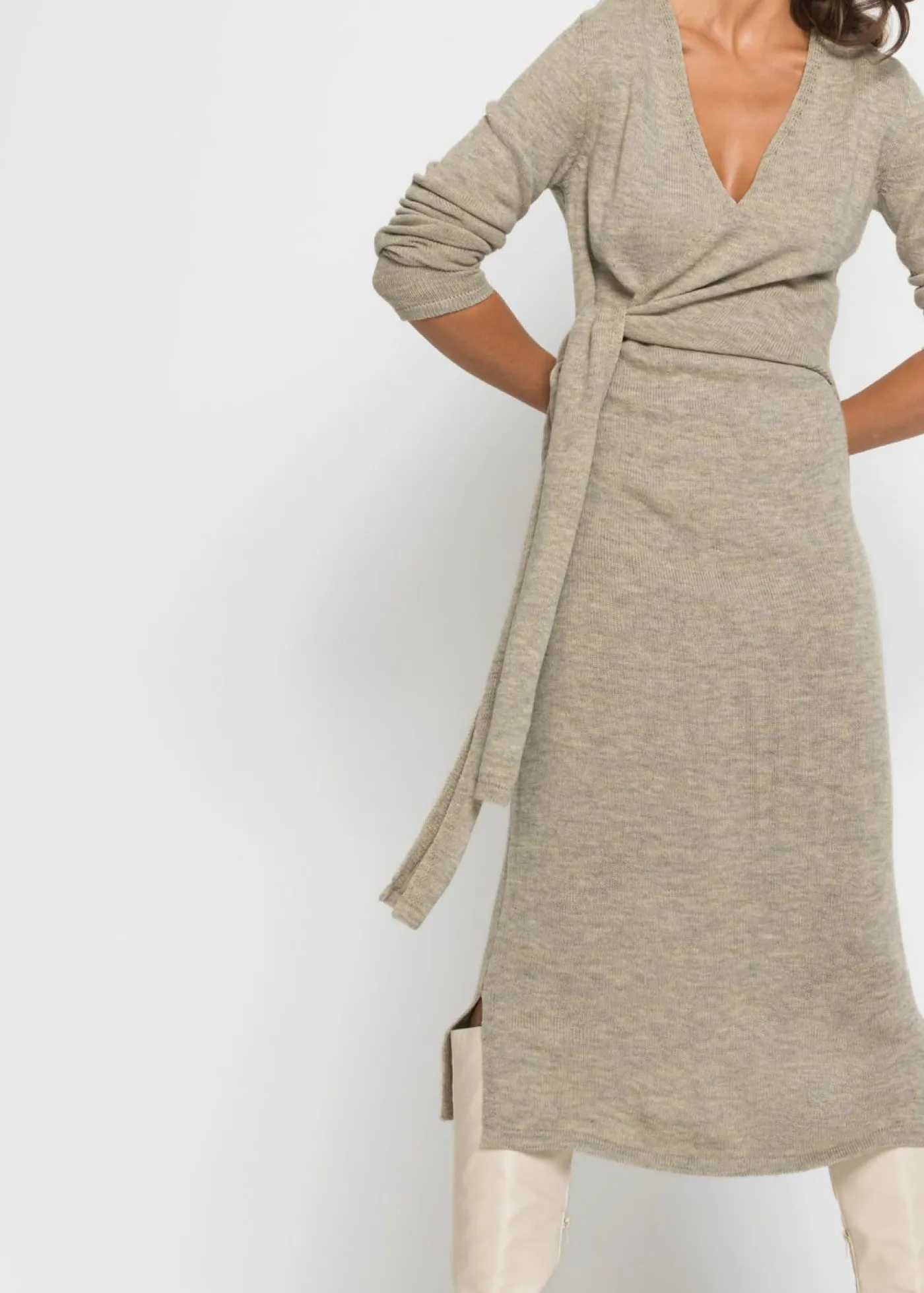 bonprix bonprix Vestido midi de punto Beige jaspeado New