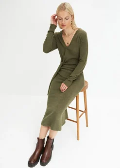 bonprix bonprix Vestido midi de punto Verde oliva oscuro jaspeado Discount