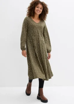 bonprix bonprix Vestido midi de punto de algodón Verde oliva oscuro/arena claro de lunares Hot