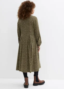 bonprix bonprix Vestido midi de punto de algodón Verde oliva oscuro/arena claro de lunares Hot
