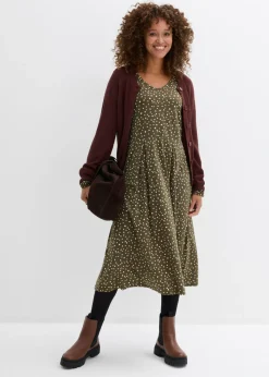 bonprix bonprix Vestido midi de punto de algodón Verde oliva oscuro/arena claro de lunares Hot