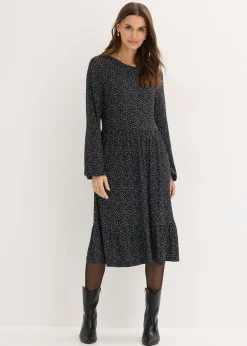 bonprix bonprix Vestido midi de punto de mezcla de viscosa negro - blanco topos Clearance