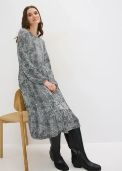 bonprix bonprix Vestido midi de punto de mezcla de viscosa Negro-blanco Clearance