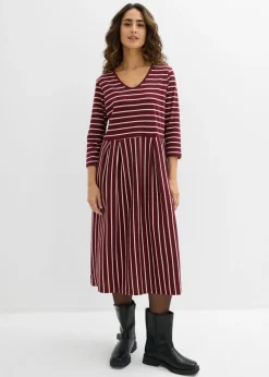 bonprix bonprix Vestido midi de punto de algodón rojo avellana/arena claro con rayas Best