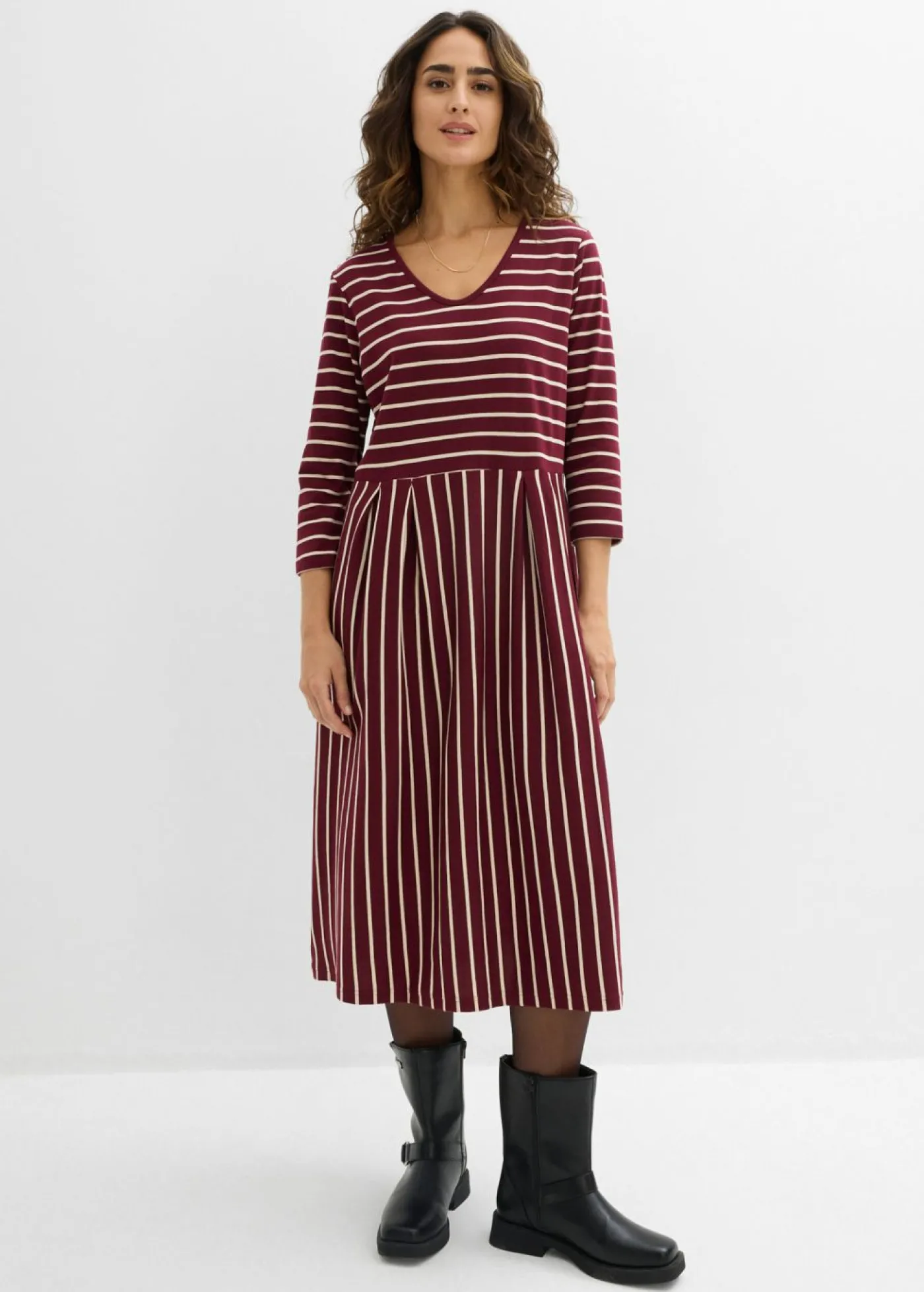 bonprix bonprix Vestido midi de punto de algodón rojo avellana/arena claro con rayas Best