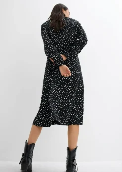 bonprix bonprix Vestido midi de punto de algodón negro-blanco lana topos