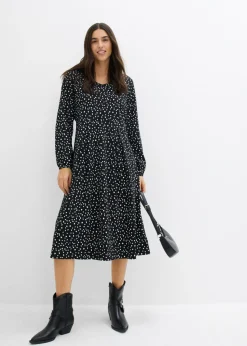 bonprix bonprix Vestido midi de punto de algodón negro-blanco lana topos