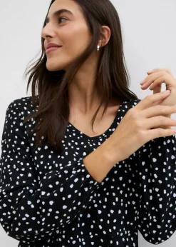 bonprix bonprix Vestido midi de punto de algodón negro-blanco lana topos