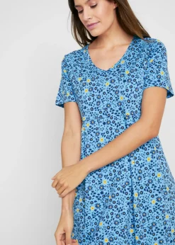 bonprix bonprix Vestido midi de punto de algodón Azul de flores -amarillo Online