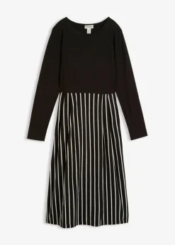 bonprix bonprix Vestido midi de punto de algodón negro-blanco lana con rayas Clearance