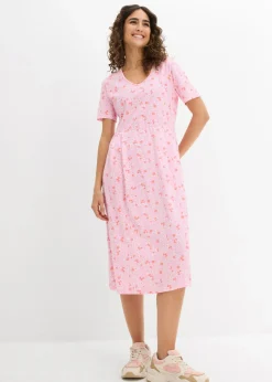 bonprix bonprix Vestido midi de punto de algodón Rosa/salmón/blanco Discount