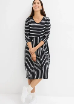 bonprix bonprix Vestido midi de punto de algodón negro-blanco lana con rayas Sale