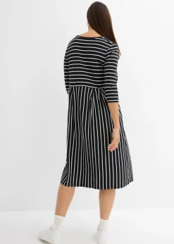 bonprix bonprix Vestido midi de punto de algodón negro-blanco lana con rayas Sale