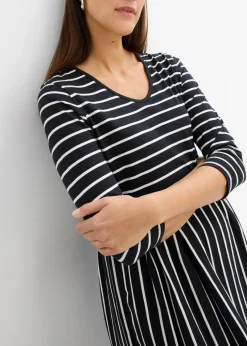 bonprix bonprix Vestido midi de punto de algodón negro-blanco lana con rayas Sale