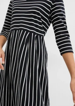 bonprix bonprix Vestido midi de punto de algodón negro-blanco lana con rayas Sale