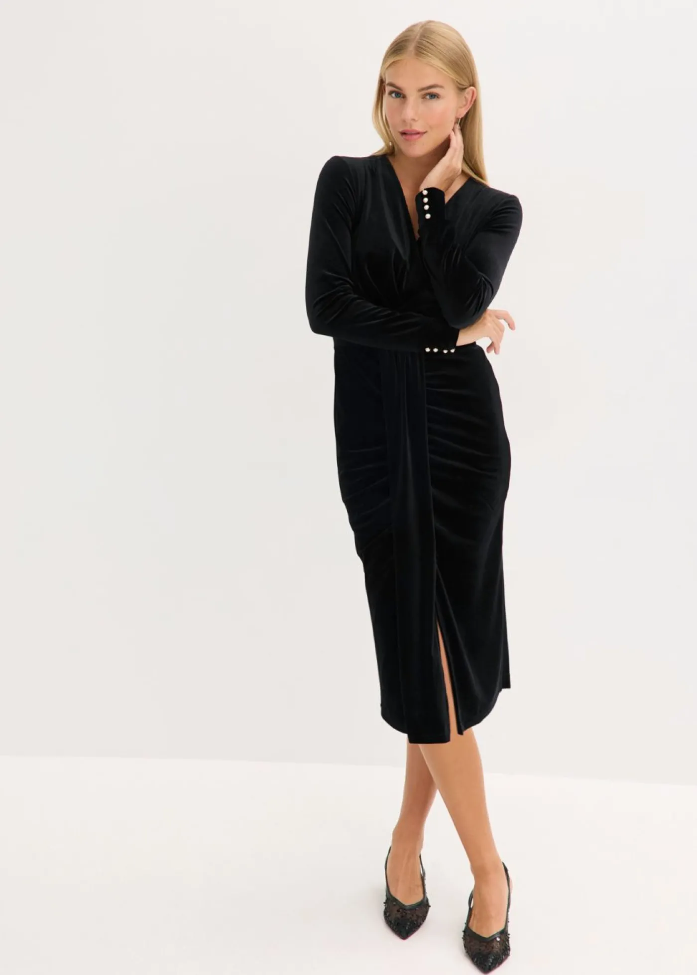 bonprix bonprix Vestido midi de terciopelo fluido Negro Outlet