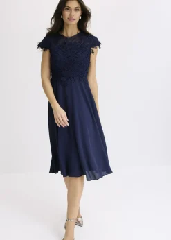 bonprix bonprix Vestido midi de tul delicado con encaje Azul marino Discount