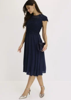bonprix bonprix Vestido midi de tul delicado con encaje Azul marino Discount