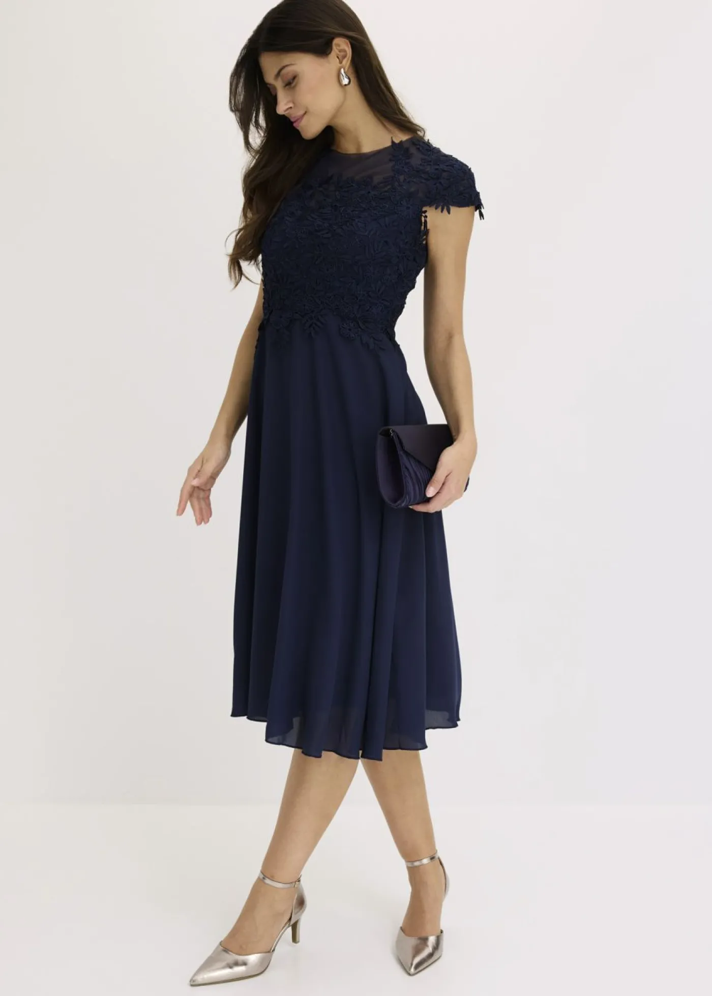 bonprix bonprix Vestido midi de tul delicado con encaje Azul marino Discount