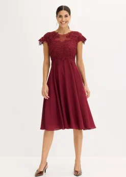 bonprix bonprix Vestido midi de tul delicado con encaje Rojo rubí Discount