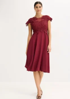 bonprix bonprix Vestido midi de tul delicado con encaje Rojo rubí Discount