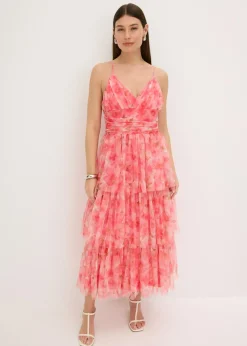 bonprix bonprix Vestido midi de tul fino con volantes rosa caliente con flores Hot