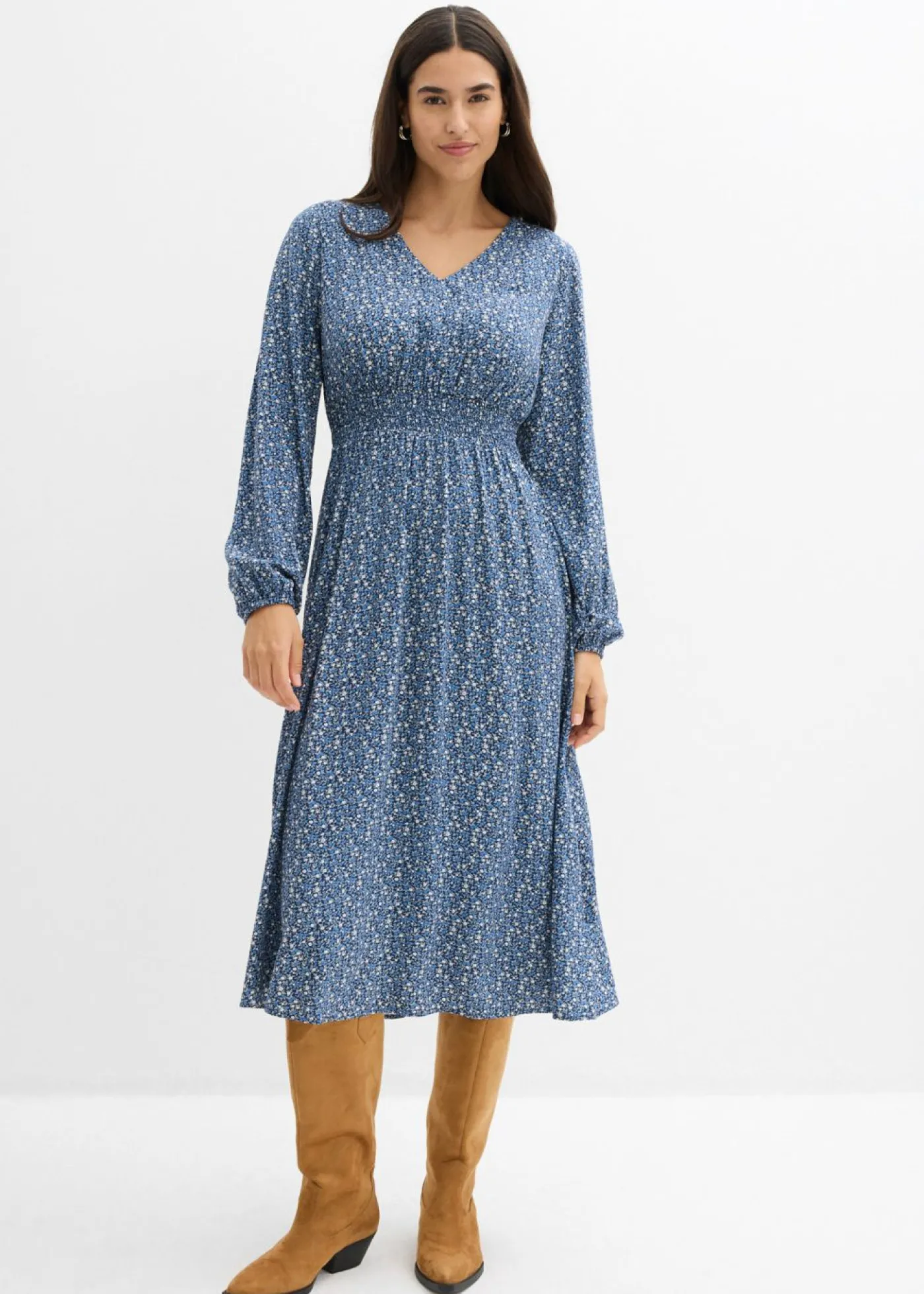 bonprix bonprix Vestido midi de viscosa fluida azul marino-azul cristal-blanco lana-gris plata-musgo mate New