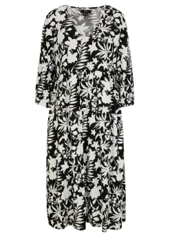 bonprix bonprix Vestido midi de viscosa fluida Negro-blanco