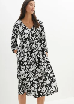 bonprix bonprix Vestido midi de viscosa fluida Negro-blanco