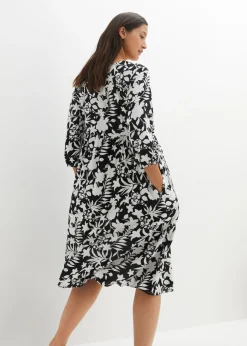 bonprix bonprix Vestido midi de viscosa fluida Negro-blanco