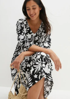 bonprix bonprix Vestido midi de viscosa fluida Negro-blanco