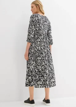 bonprix bonprix Vestido midi de viscosa fluida Negro-blanco lana estampado Best